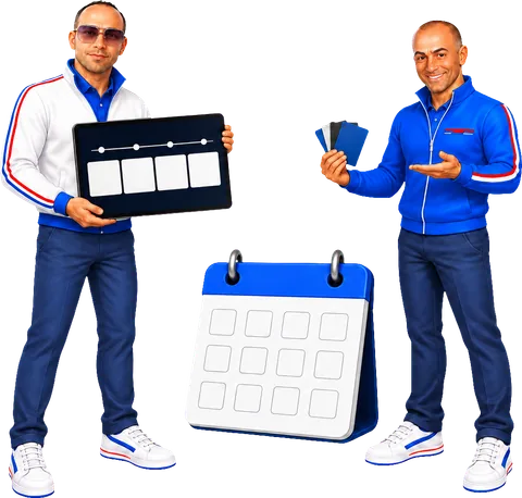 Danny mostra il piano dei pagamenti e Pierluigi le carte, accanto a un calendario